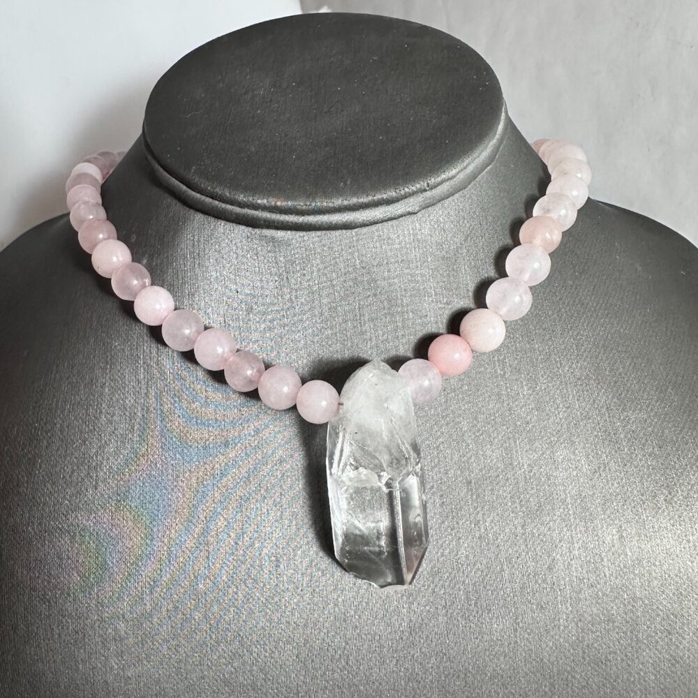 Clear Crystal Quartz Rose Quartz Pendant Necklace Handmade Silver Choker Gift - Picture 10 of 10